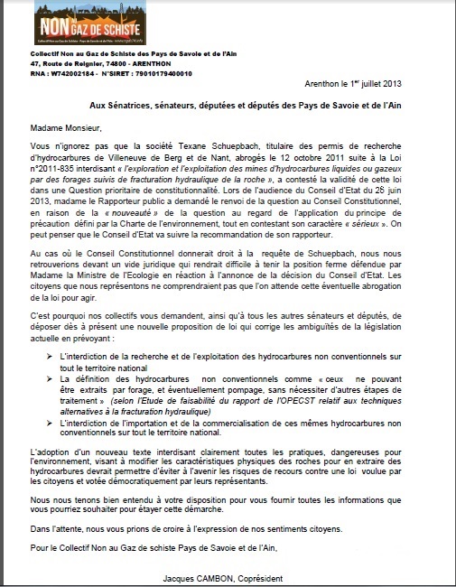 Lettre aux parlementaires QPC loi gaz de schiste